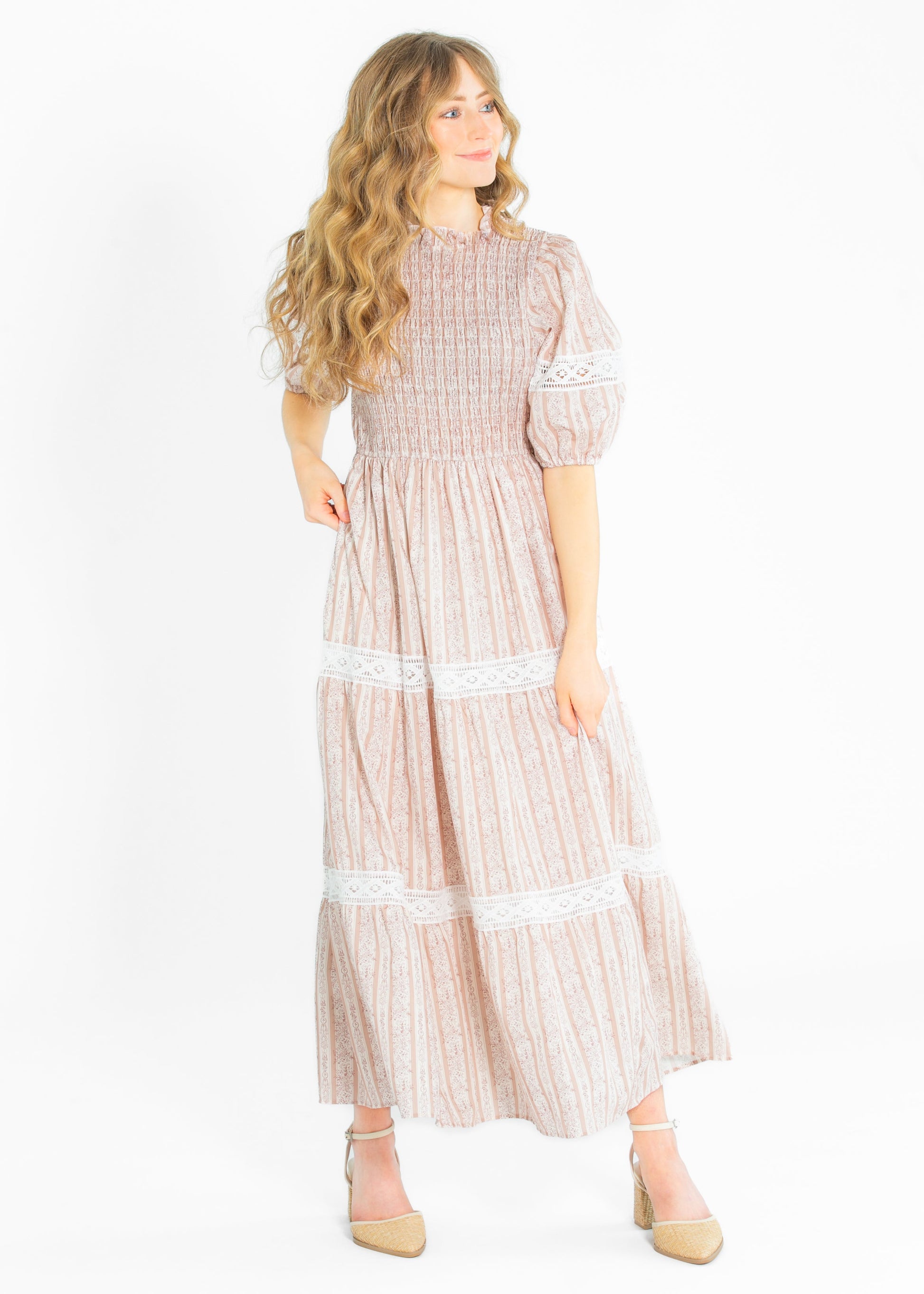 Floral Striped Eyelet Lace Smocked Maxi Dress FF Dresses