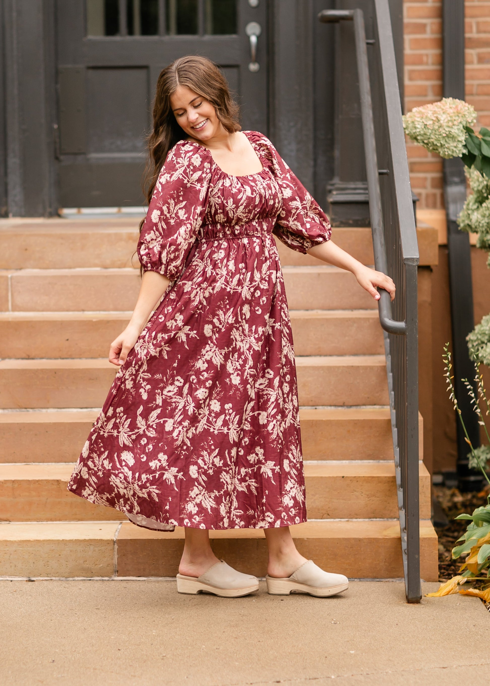 Floral Textured Print Burgundy Midi Dress - FINAL SALE S Floral Textured Print Burgundy Midi Dress - FINAL SALE S