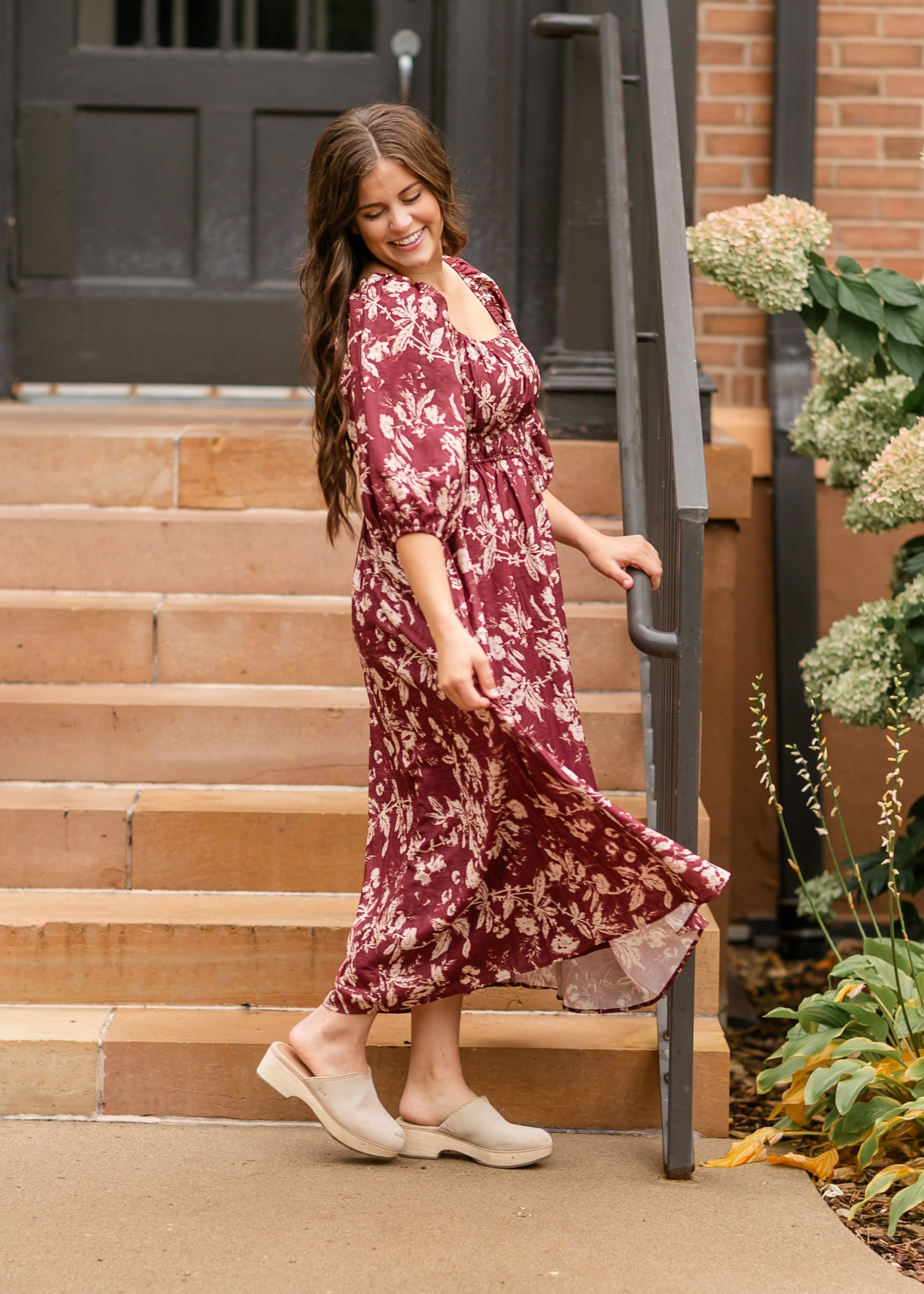 Floral Textured Print Burgundy Midi Dress - FINAL SALE Inherit Co. Floral Textured Print Burgundy Midi Dress - FINAL SALE Inherit Co.