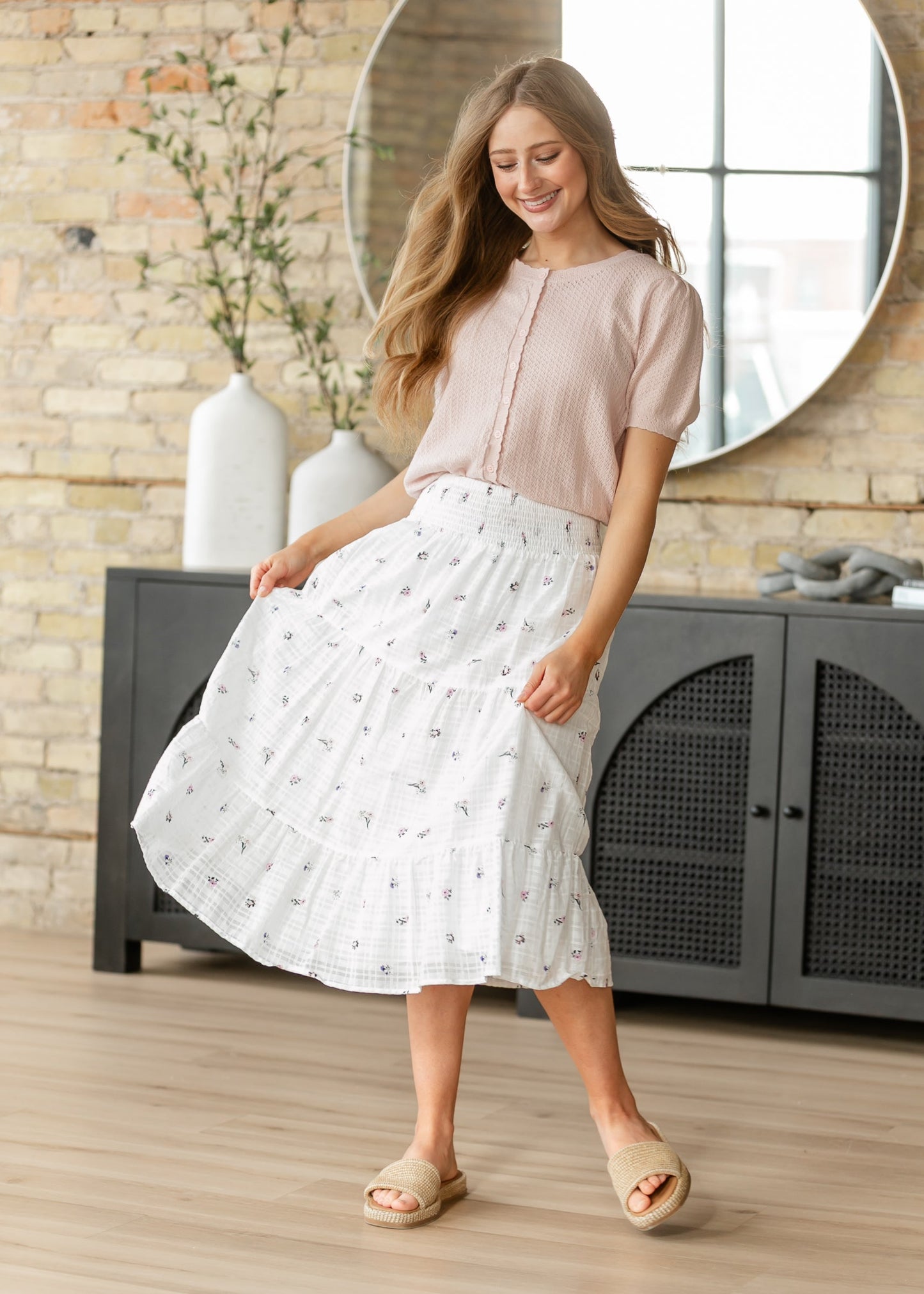 Floral Tiered Smocked Waist Midi Skirt FF Skirts