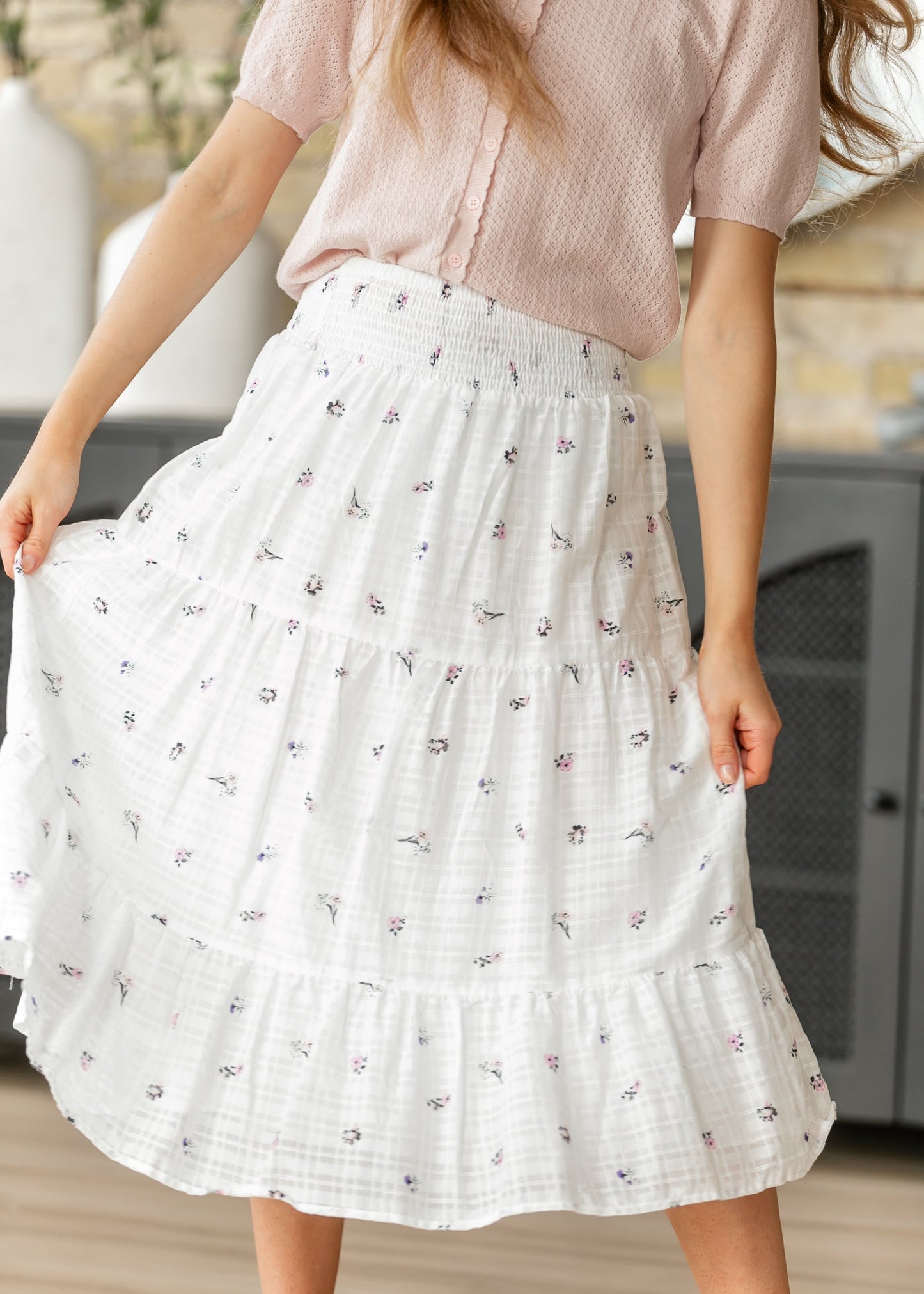 Floral Tiered Smocked Waist Midi Skirt FF Skirts