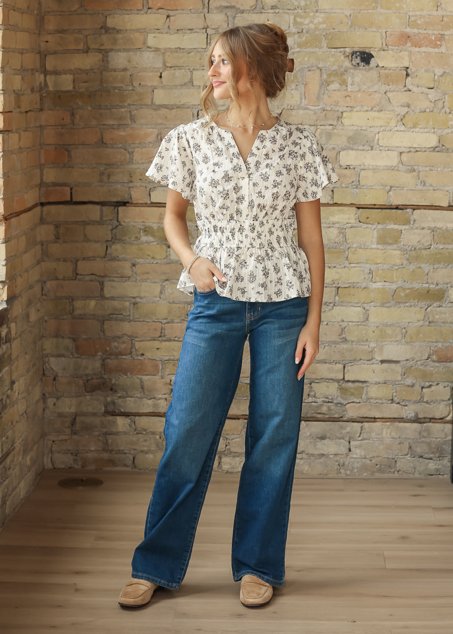 Floral V-neck Bell Sleeve Top FF Tops