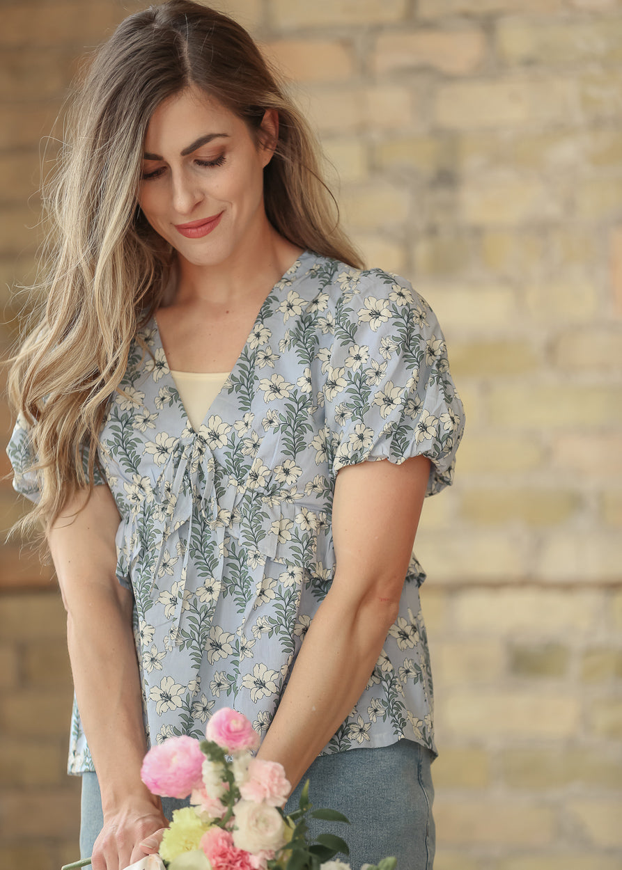 Floral V-Neck Puff Sleeve Top FF Tops