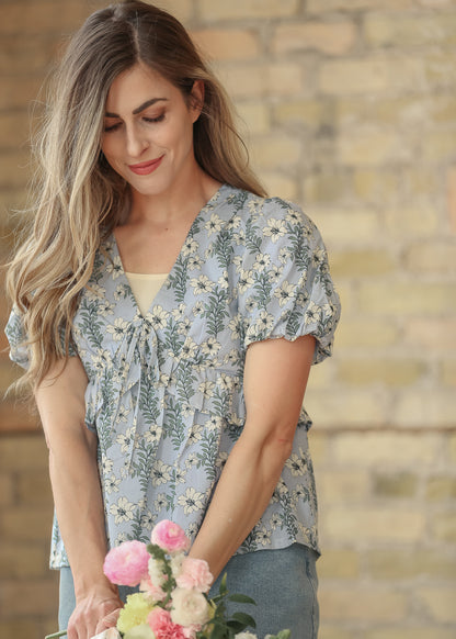 Floral V-Neck Puff Sleeve Top FF Tops