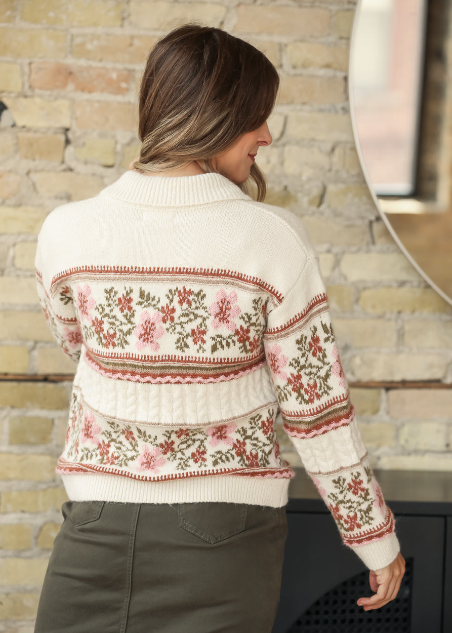 Back view of cream floral knit cardigan with patterned detailing