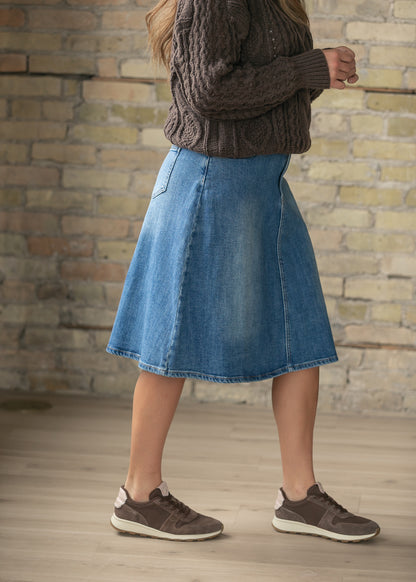 Flowy Denim A-Line Midi Skirt FF Skirts