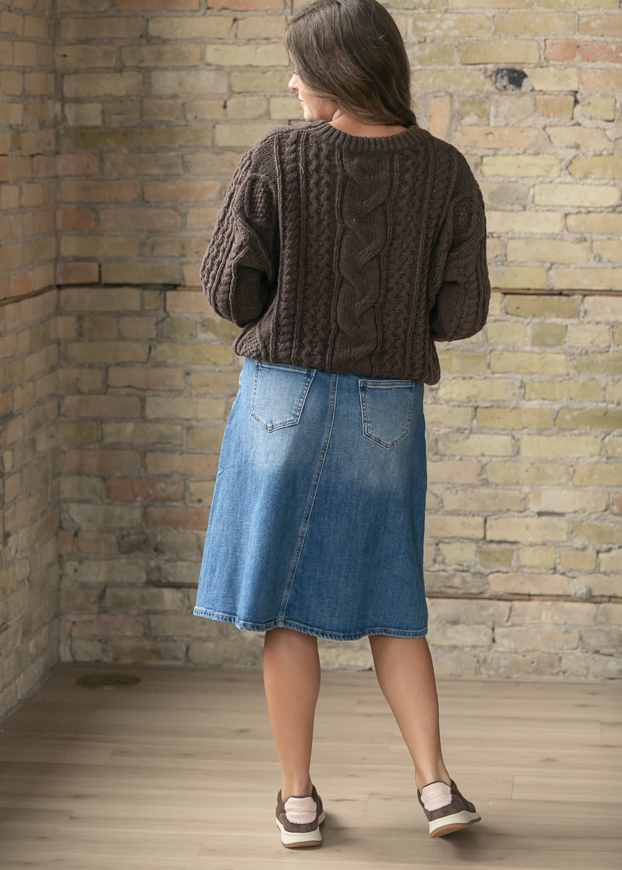 Flowy Denim A-Line Midi Skirt FF Skirts