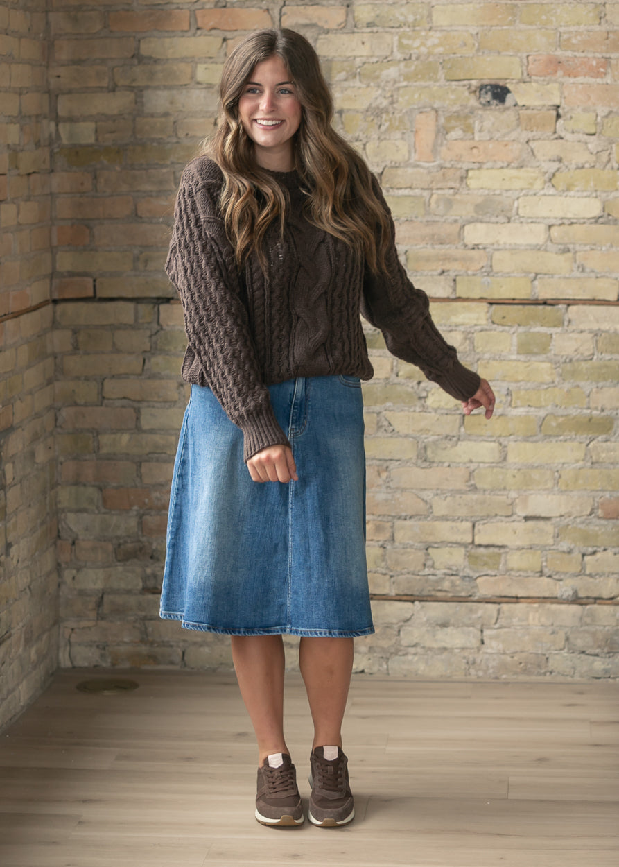 Flowy Denim A-Line Midi Skirt FF Skirts