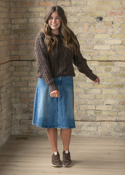 Flowy Denim A-Line Midi Skirt FF Skirts