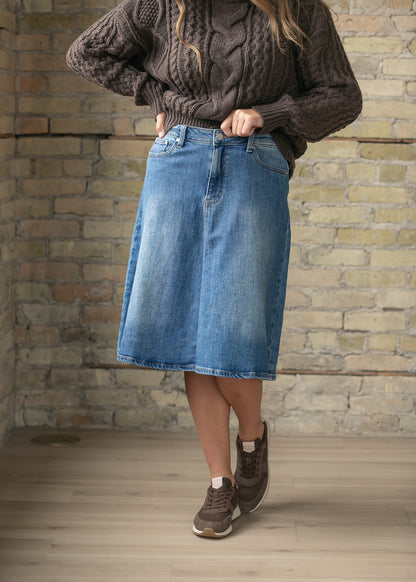 Flowy Denim A-Line Midi Skirt FF Skirts