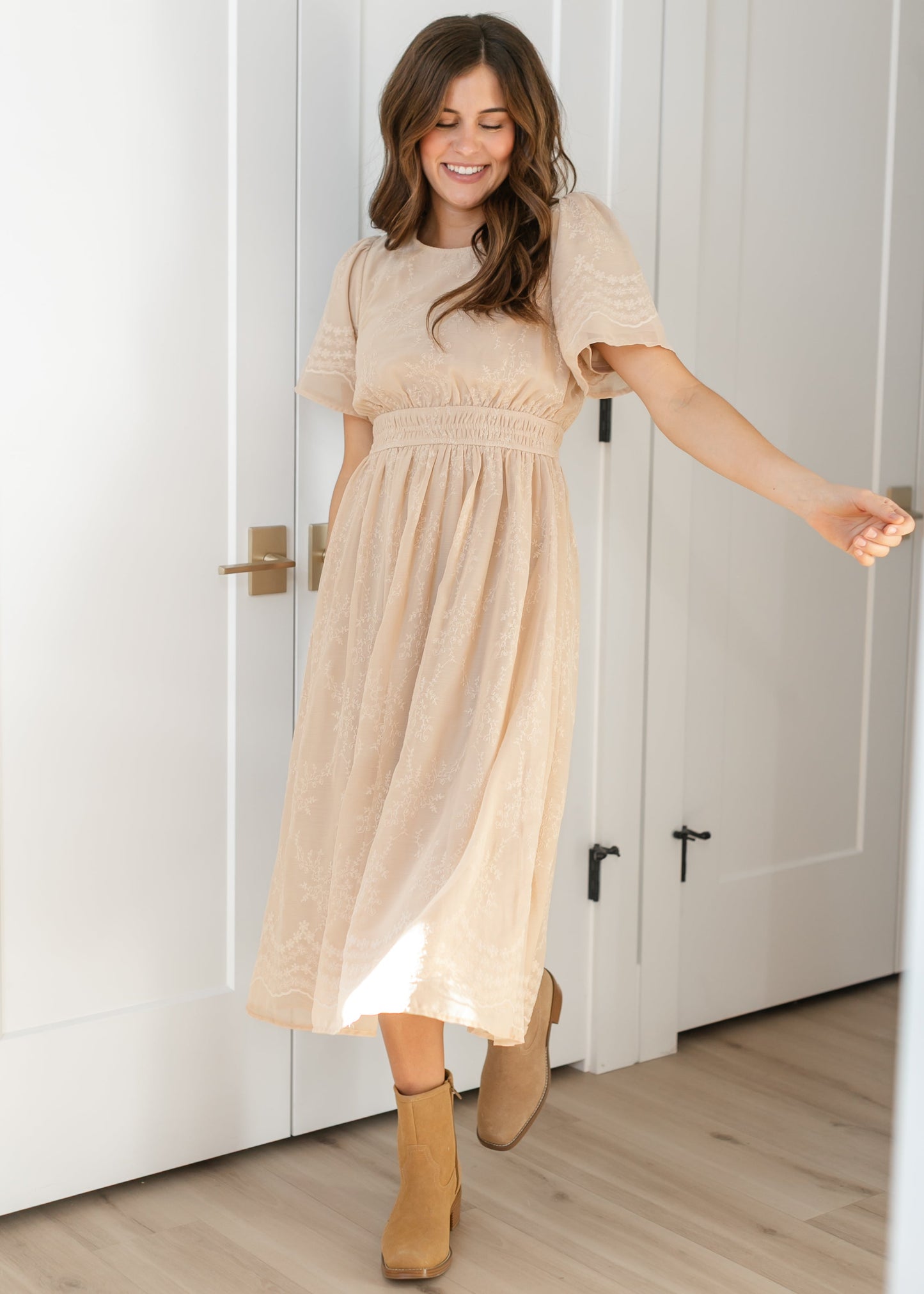 Flutter Sleeve Floral Embroidered Midi Dress Inherit Co. Flutter Sleeve Floral Embroidered Midi Dress Inherit Co.