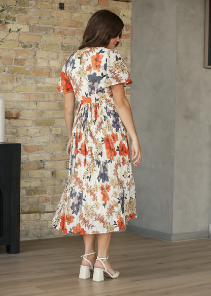 Foliage Print Pleated Midi Dress FF Dresses