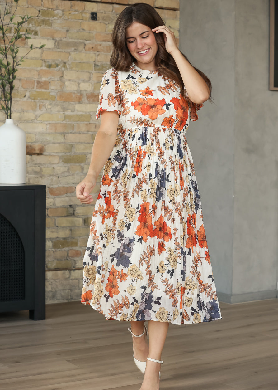 Foliage Print Pleated Midi Dress FF Dresses S