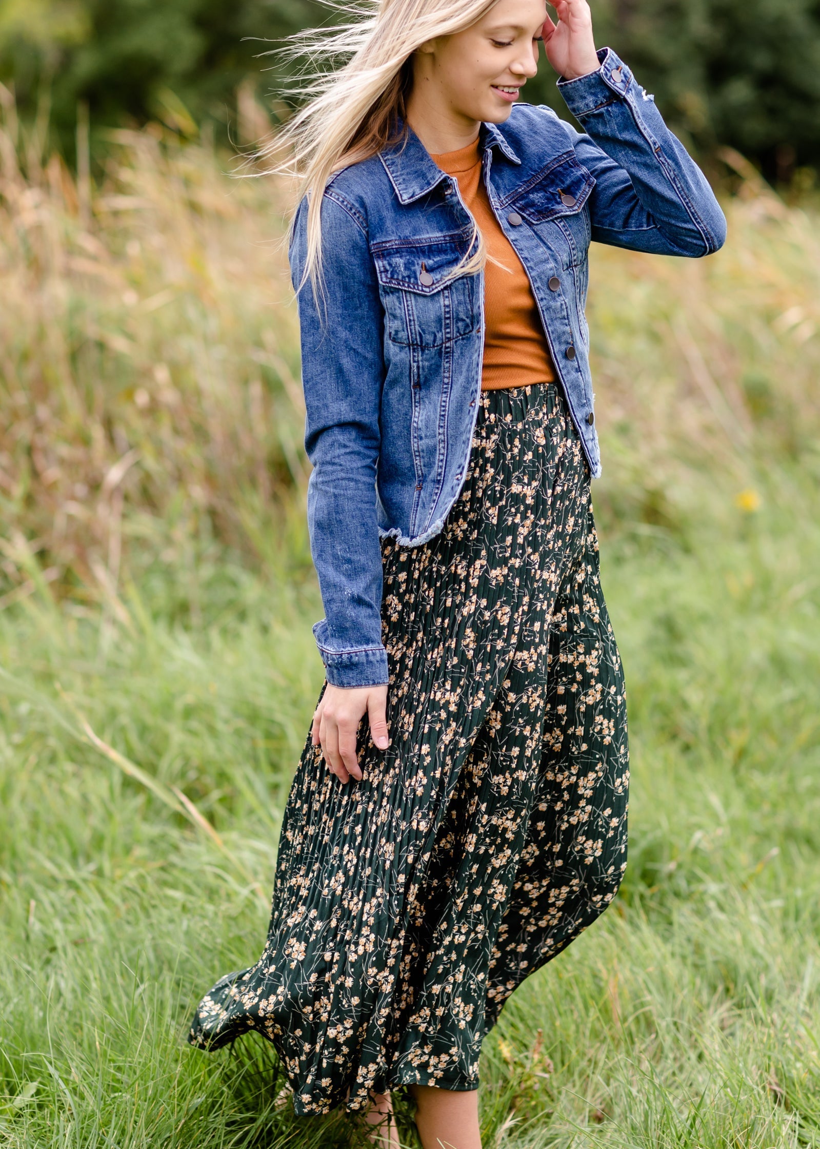 Maxi Skirt Outfit Cropped Denim Jacket And Skirt Denim Floral