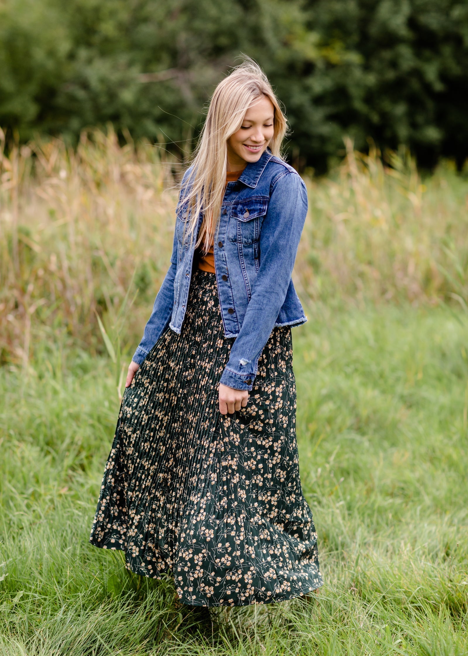 Forest Green Floral Pleated Maxi Skirt IC Skirts