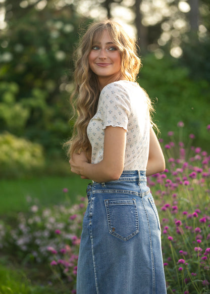 Frankie Light Wash Denim Midi Skirt IC Skirts