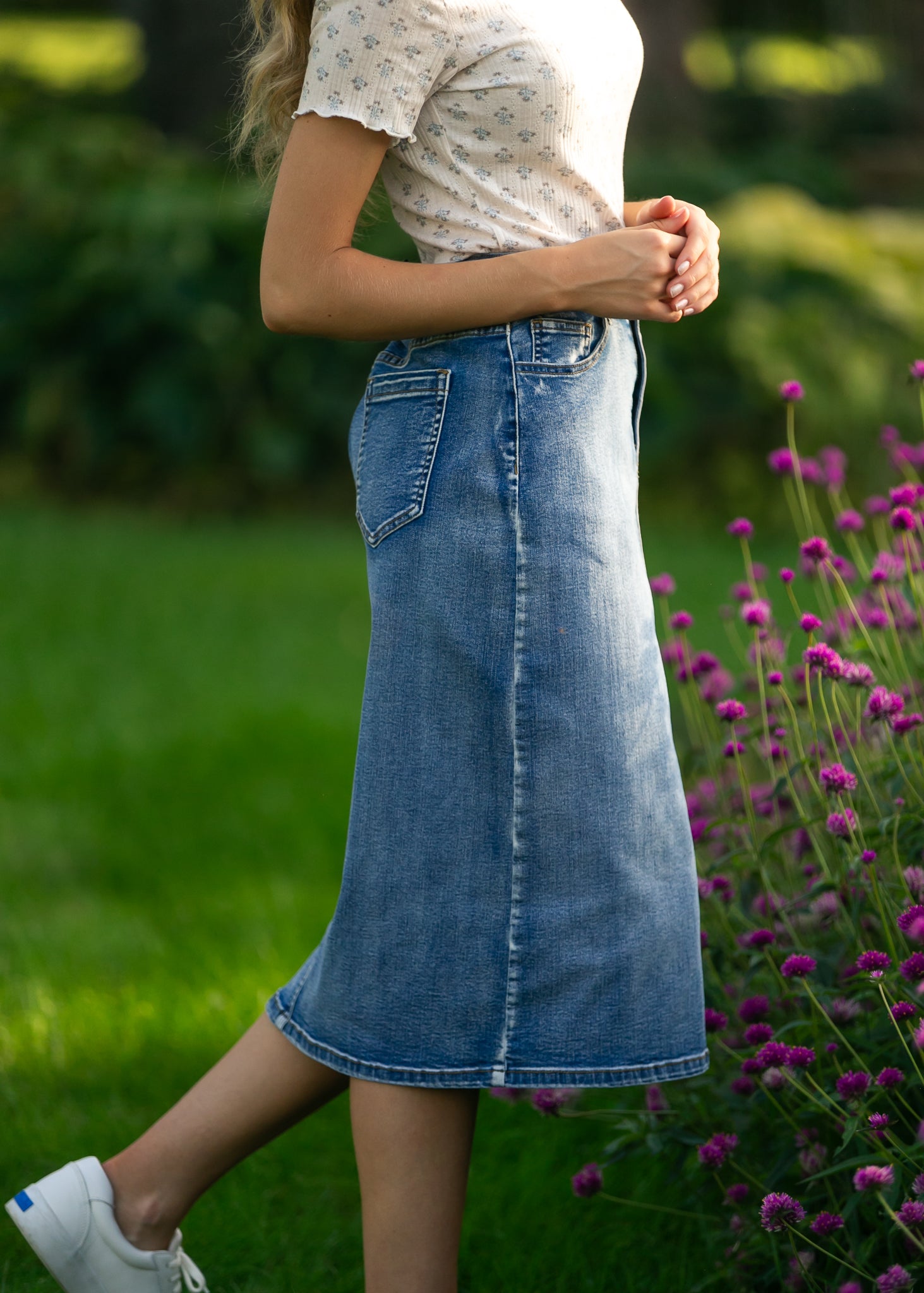 Frankie Light Wash Denim Midi Skirt IC Skirts