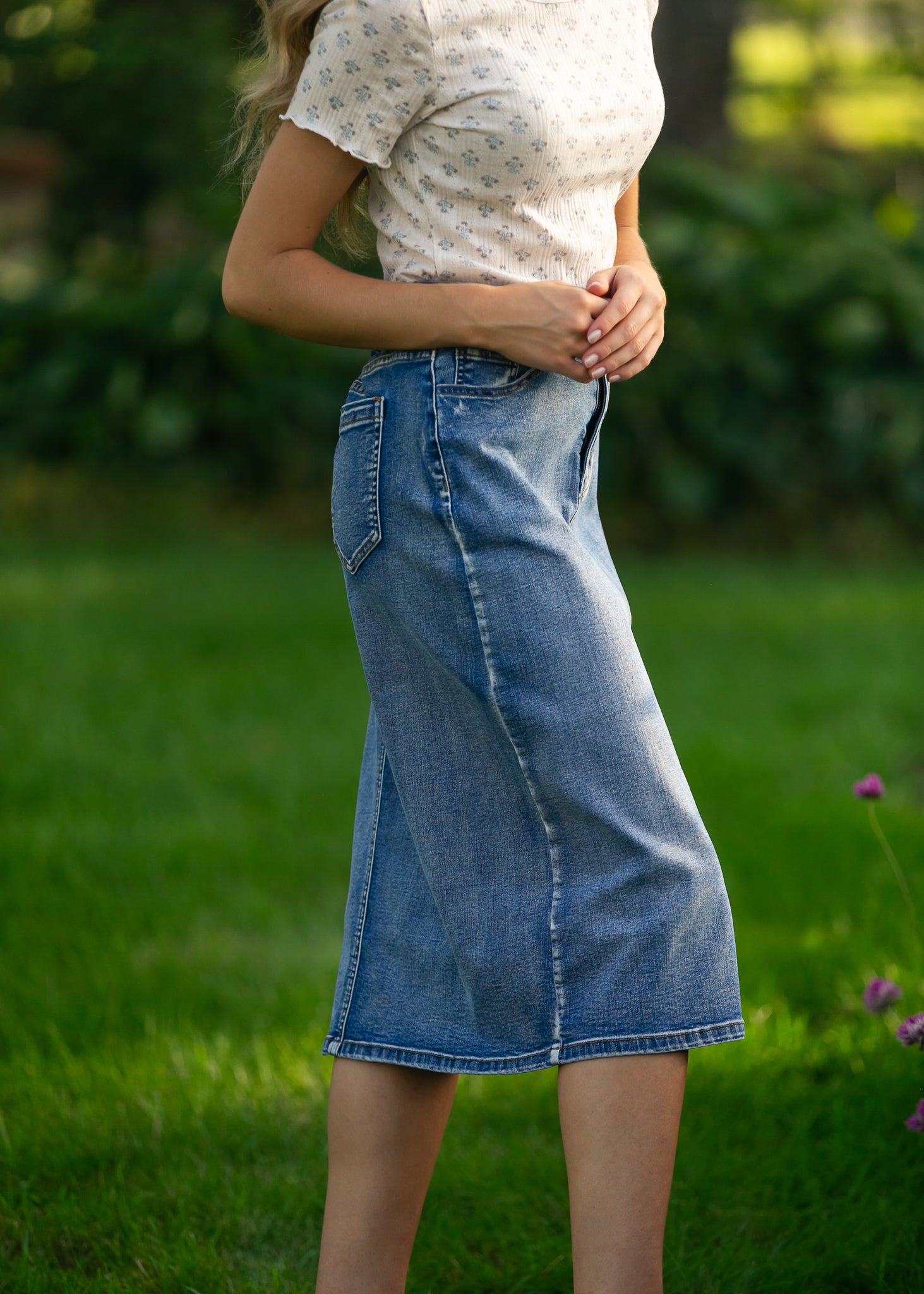 Frankie Light Wash Denim Midi Skirt IC Skirts