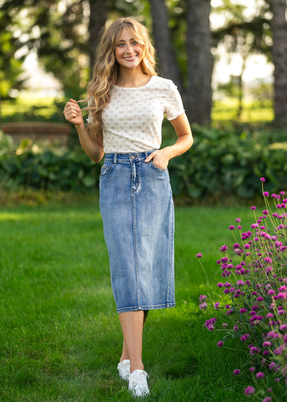 Frankie Light Wash Denim Midi Skirt IC Skirts