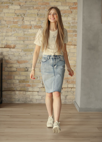 Frankie Light Wash Raw Hem Midi Skirt IC Skirts