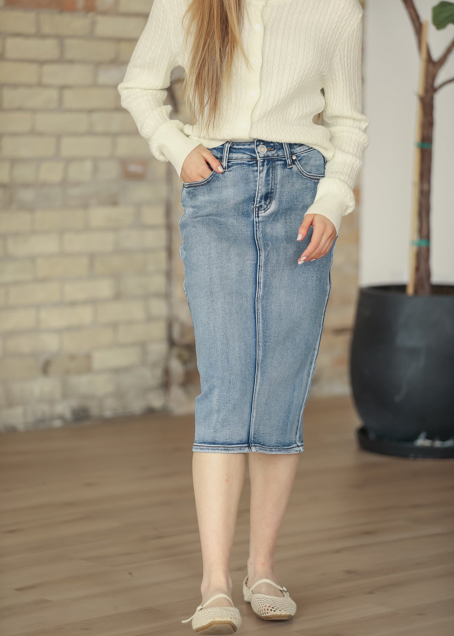 Frankie Medium Wash Denim Midi Skirt IC Skirts