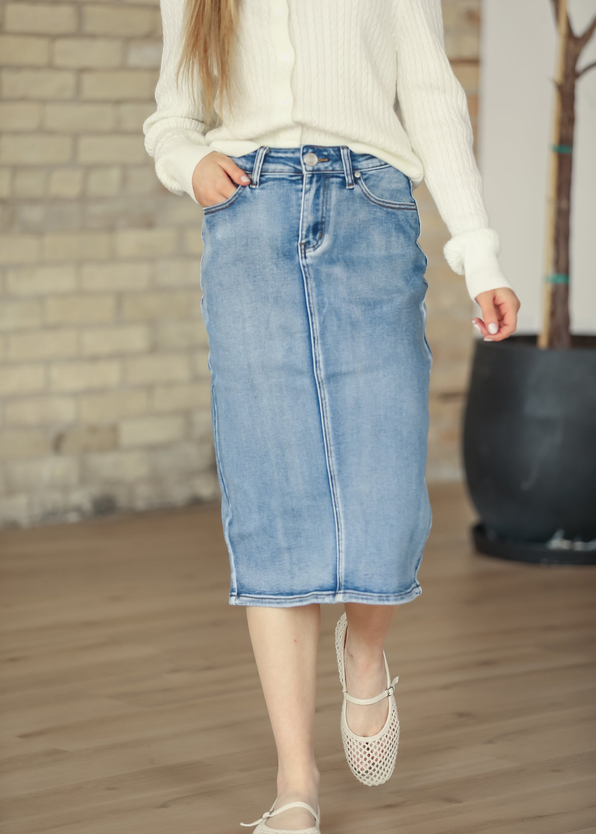 Frankie Medium Wash Denim Midi Skirt IC Skirts