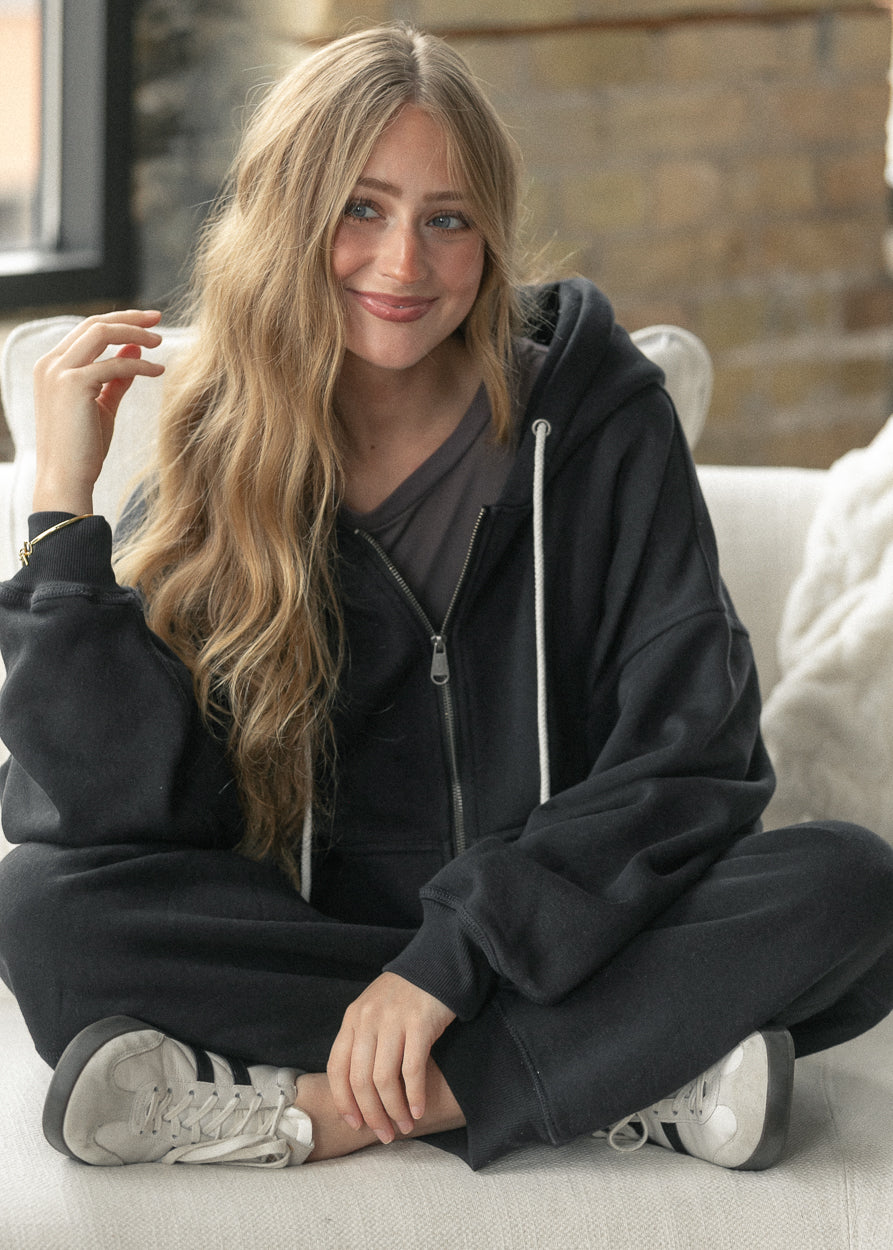 Free People® Final Call Zip Up Black Sweatshirt FF Tops