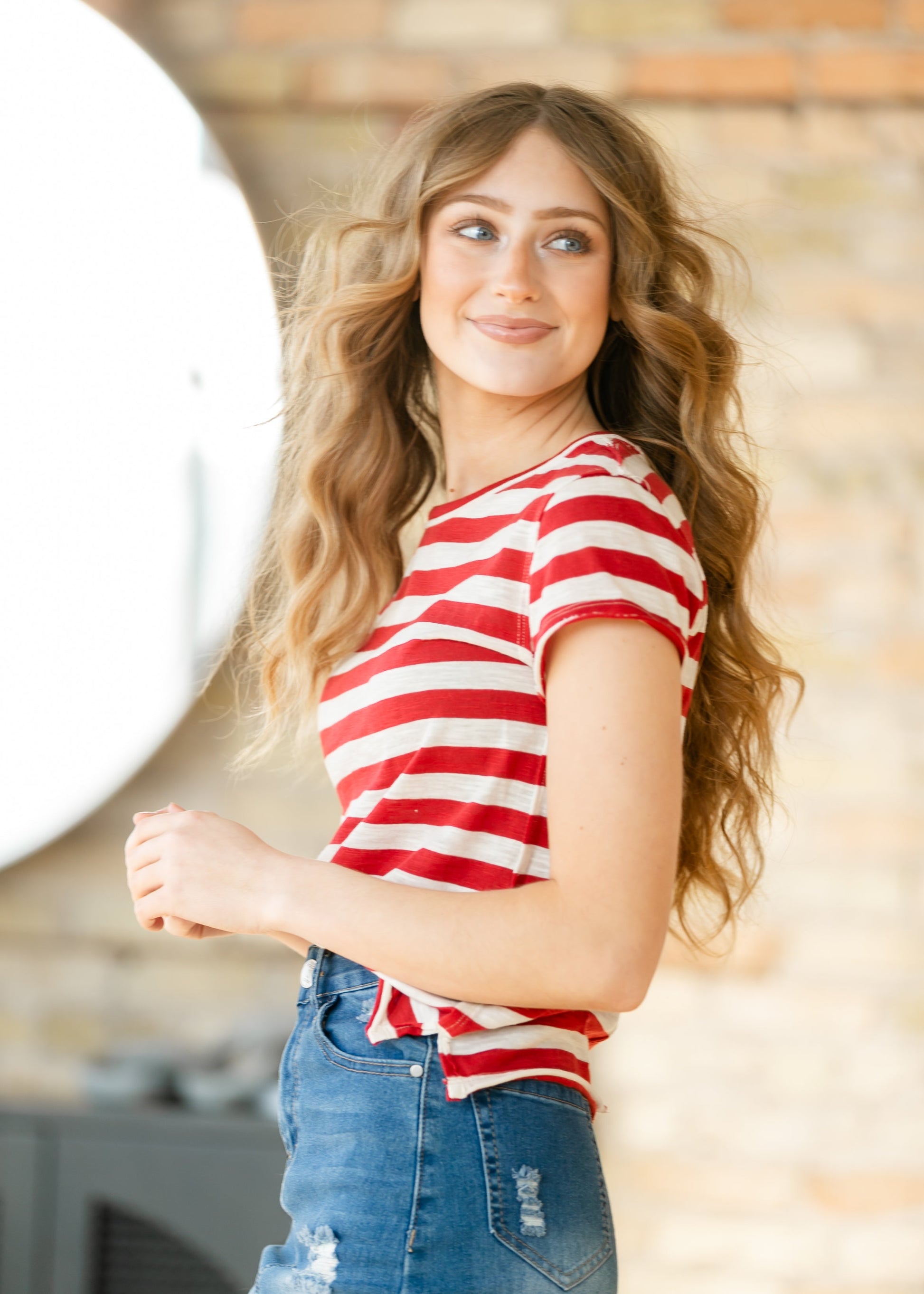 Free People® Nora Red Striped Tee FF Tops