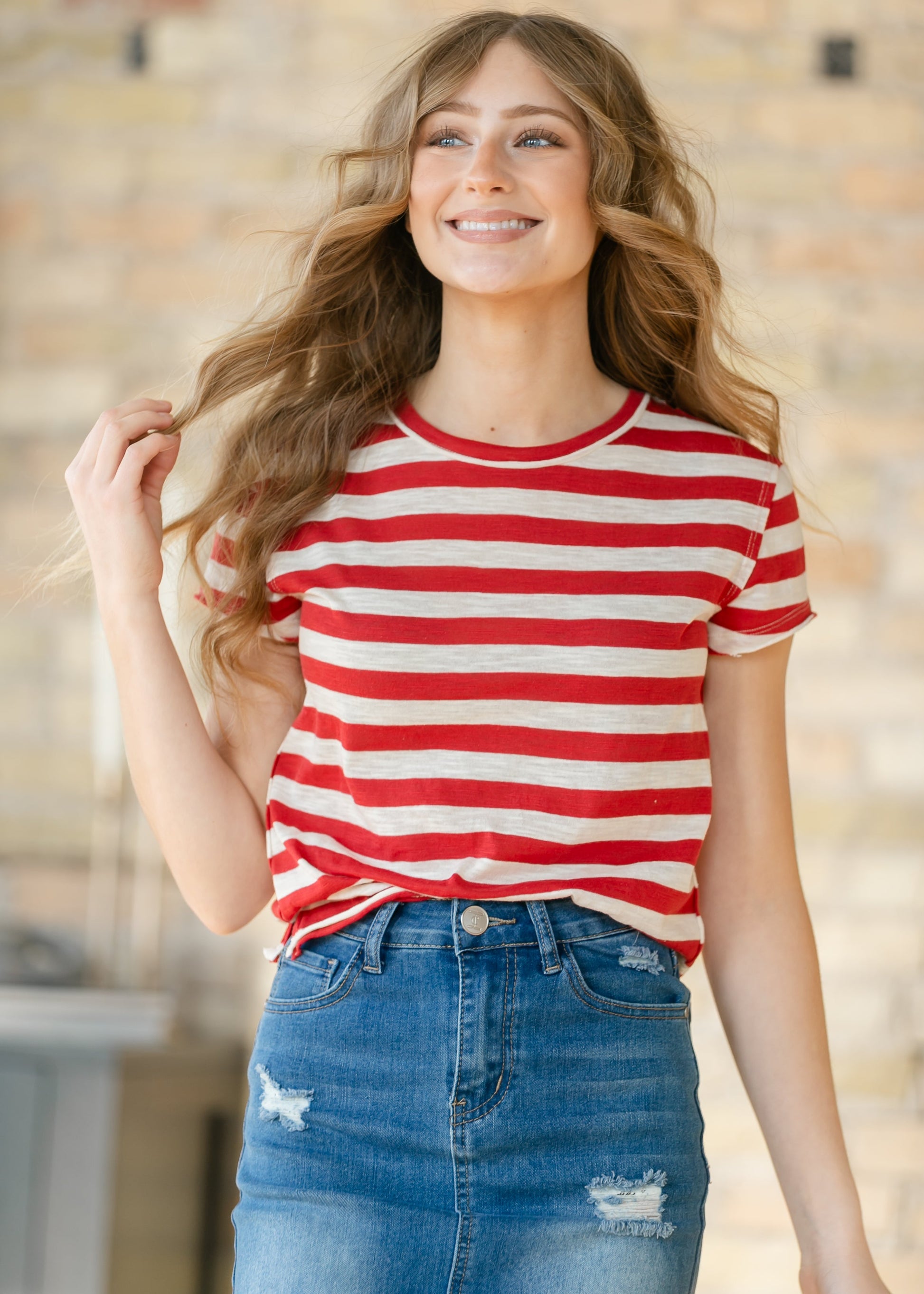 Free People® Nora Red Striped Tee FF Tops