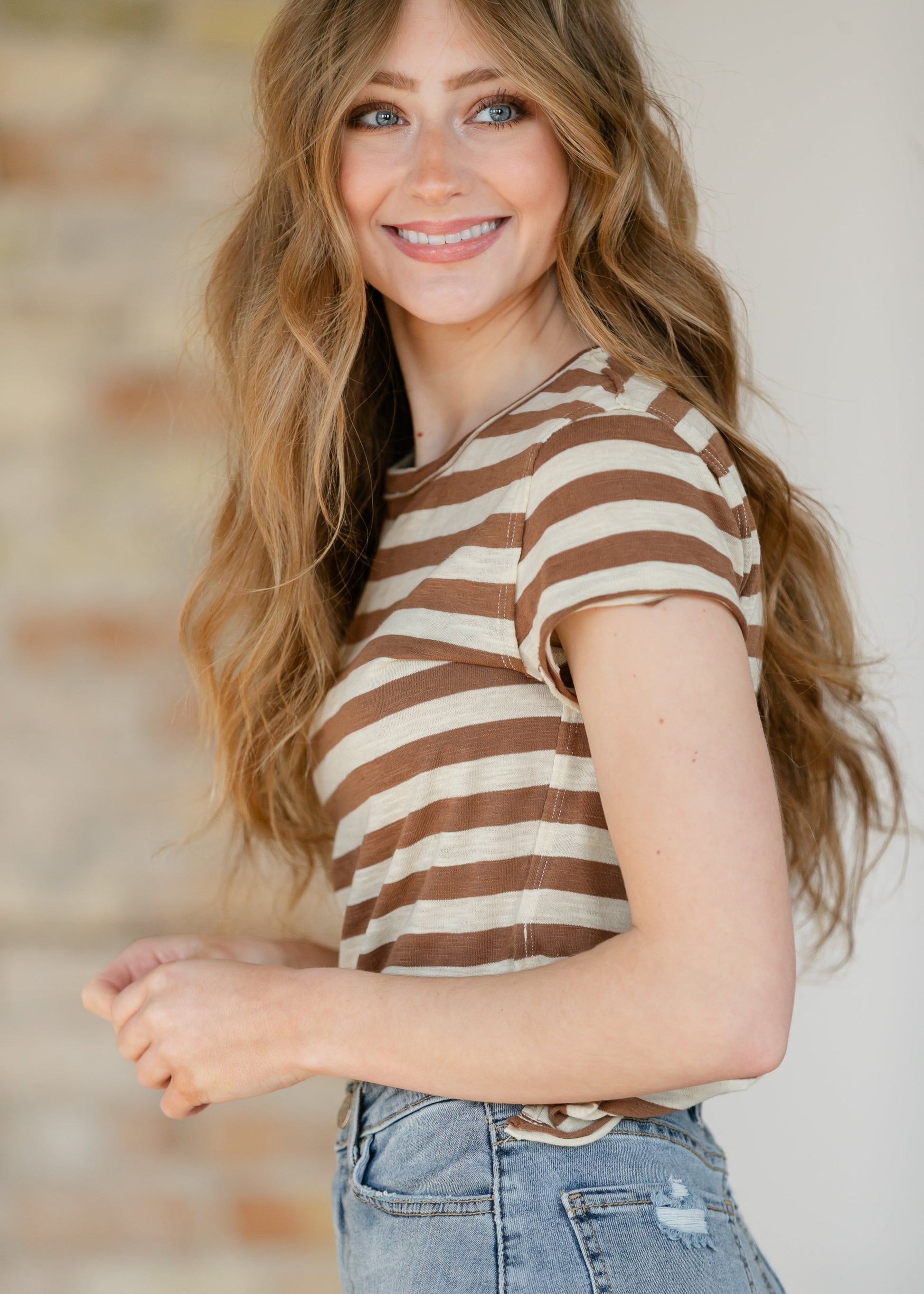 Free People® Nora Taupe Striped Tee FF Tops