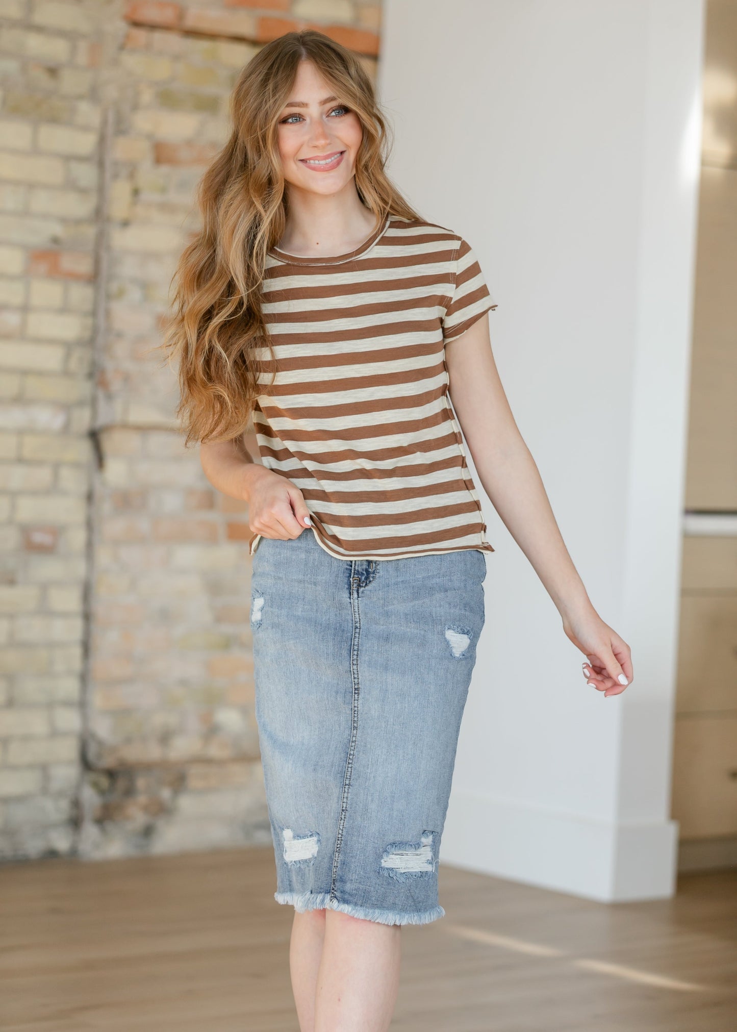 Free People® Nora Taupe Striped Tee FF Tops
