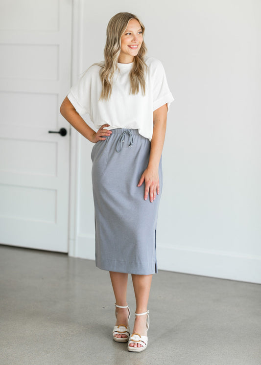 French Terry Stretch Waist Midi Skirt Skirts Gray / S