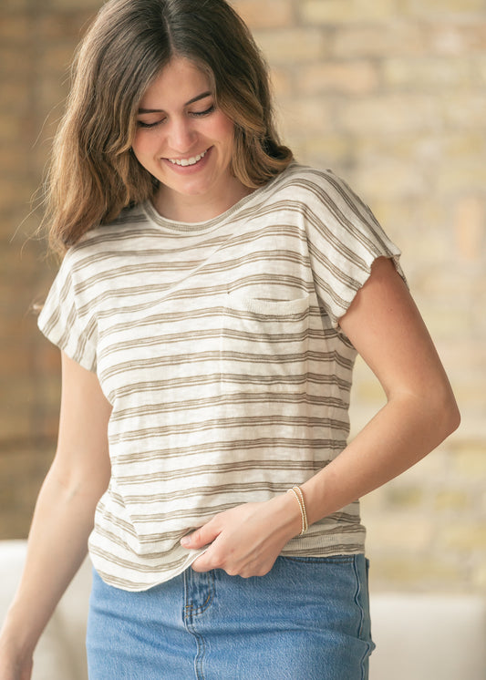 Front Pocket Stripe Cap Sleeve Top FF Tops