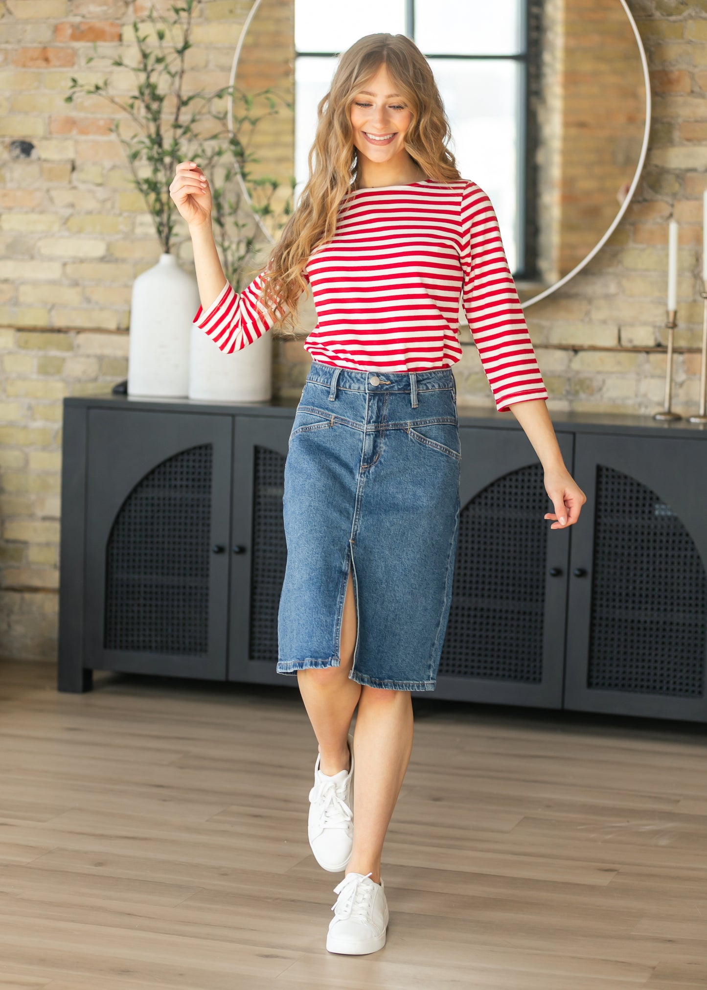 Front Yoke High-Rise Denim Midi Skirt FF Skirts