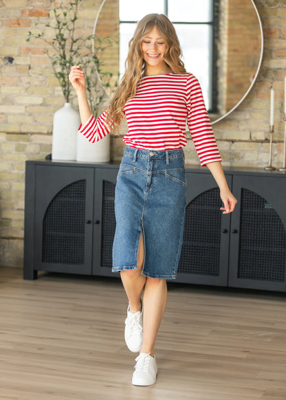 Front Yoke High-Rise Denim Midi Skirt FF Skirts
