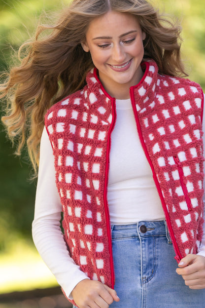 Fuzzy Checkered Zip Vest FF Layering Essentials