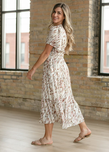 Gina Pink Abstract Short Sleeve Midi Dress IC Dresses