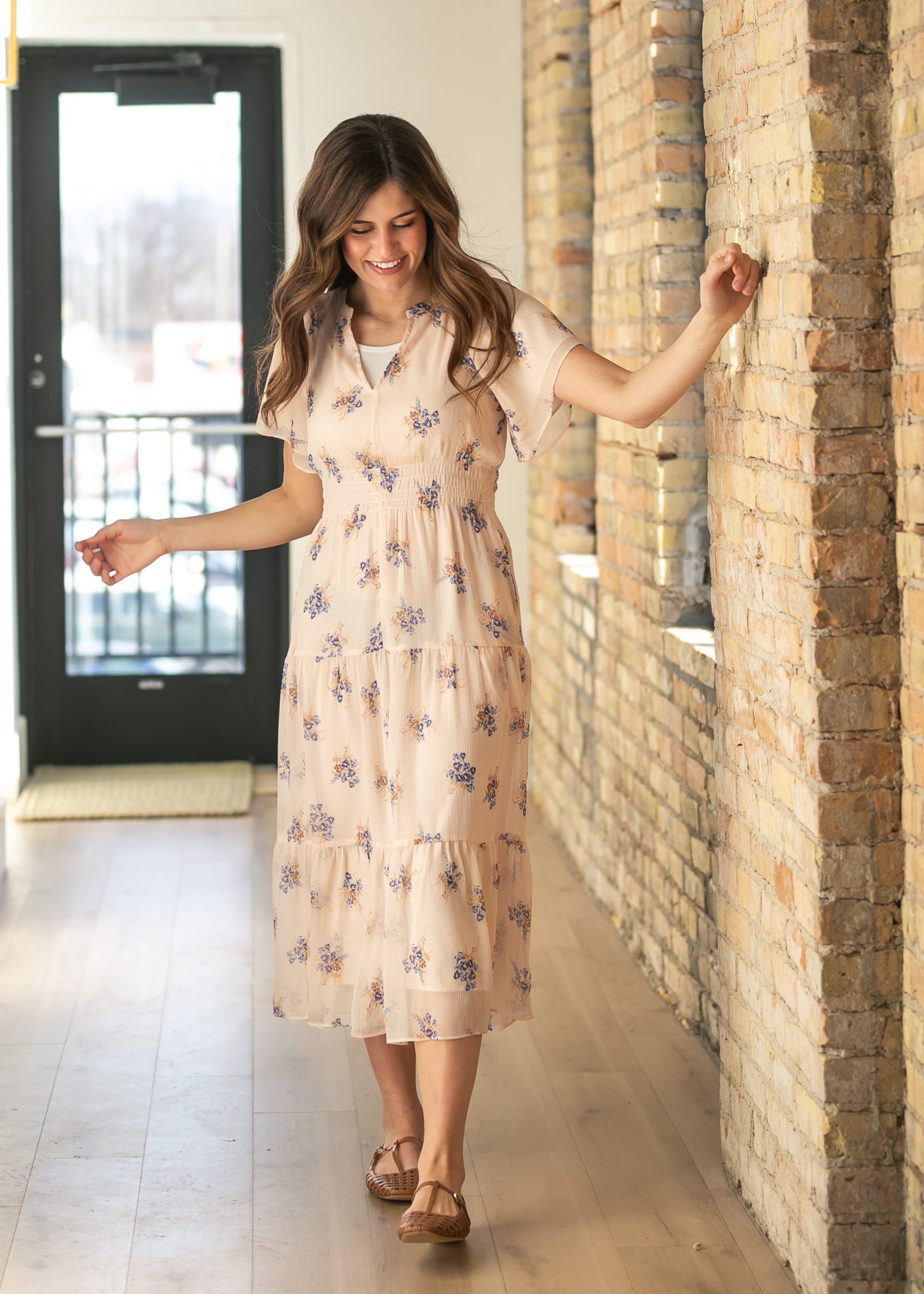 Gina Pink Floral Short Sleeve Tiered Midi Dress IC Dresses