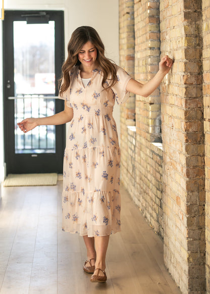 Gina Pink Floral Short Sleeve Tiered Midi Dress IC Dresses