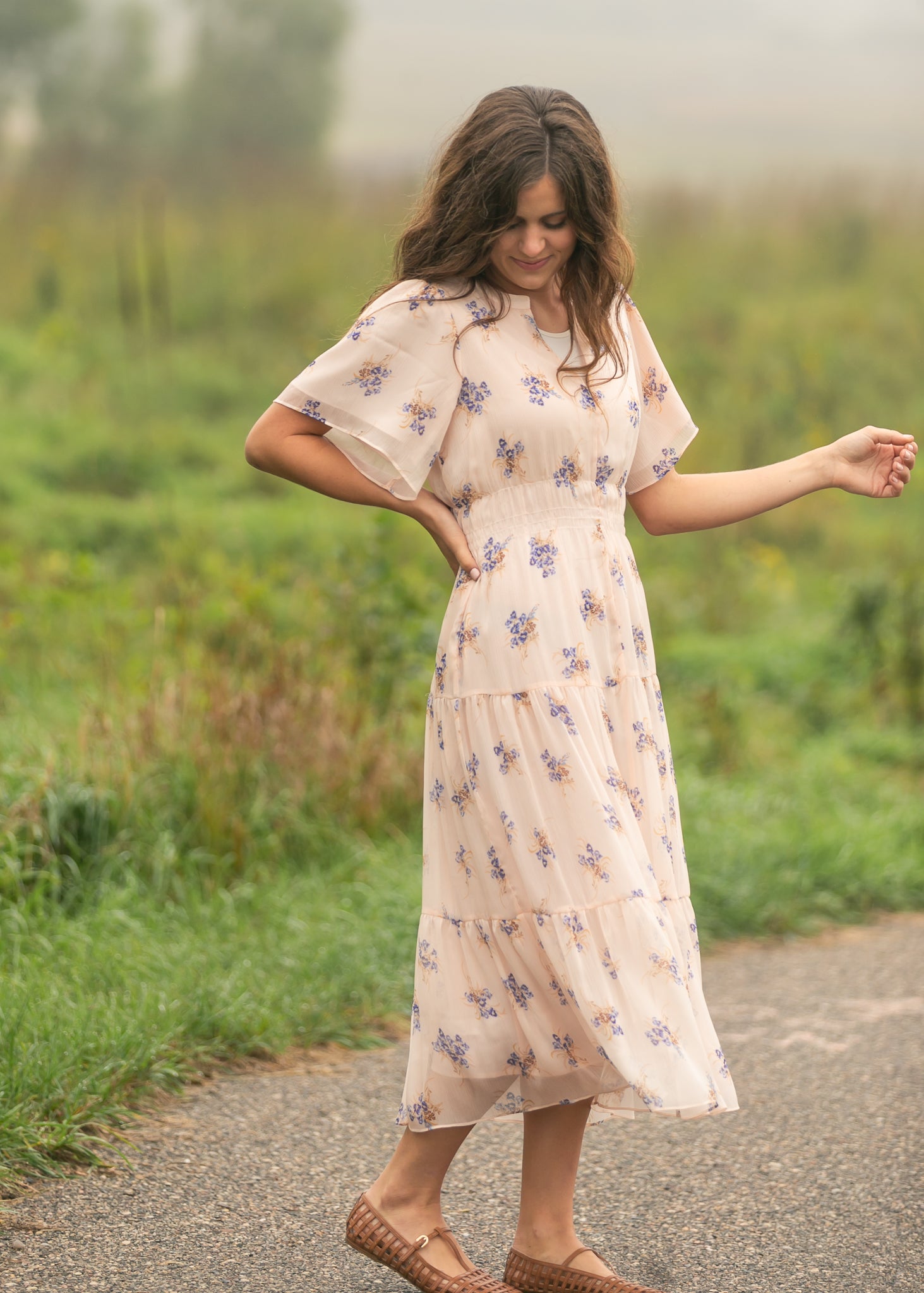 Gina Pink Floral Short Sleeve Tiered Midi Dress Pink Floral / XS Gina Pink Floral Short Sleeve Tiered Midi Dress Pink Floral / XS