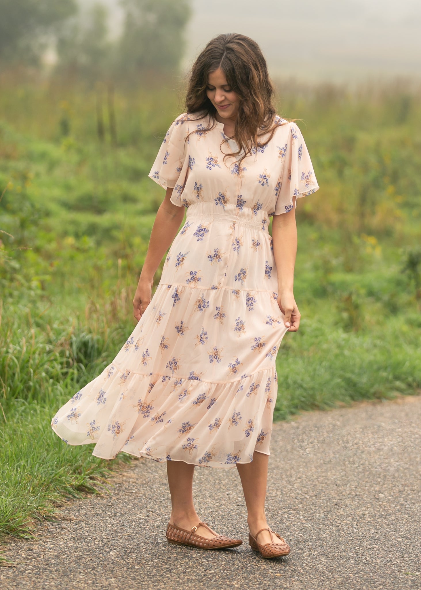 Gina Pink Floral Short Sleeve Tiered Midi Dress Pink Floral / XS Gina Pink Floral Short Sleeve Tiered Midi Dress Pink Floral / XS