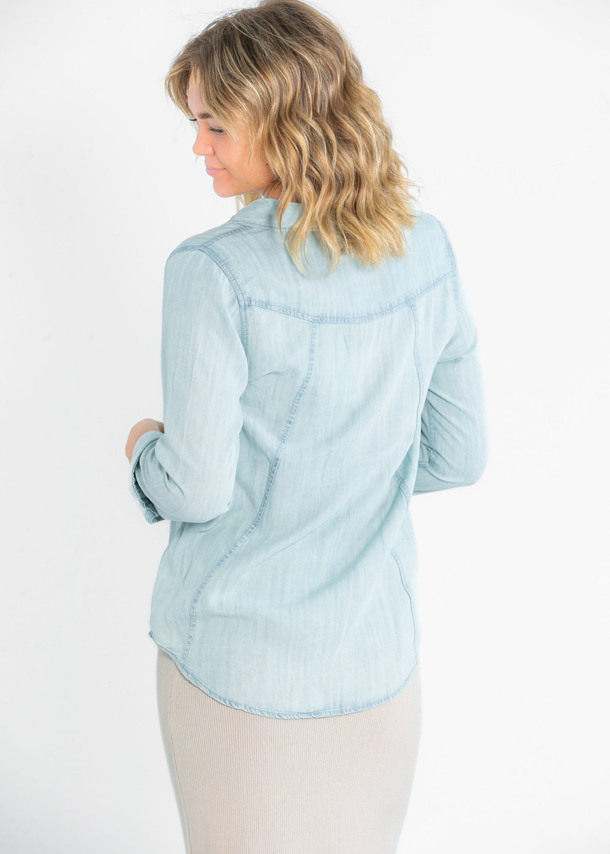 Ginger Chambray Button Up Long Sleeve Top FF Tops
