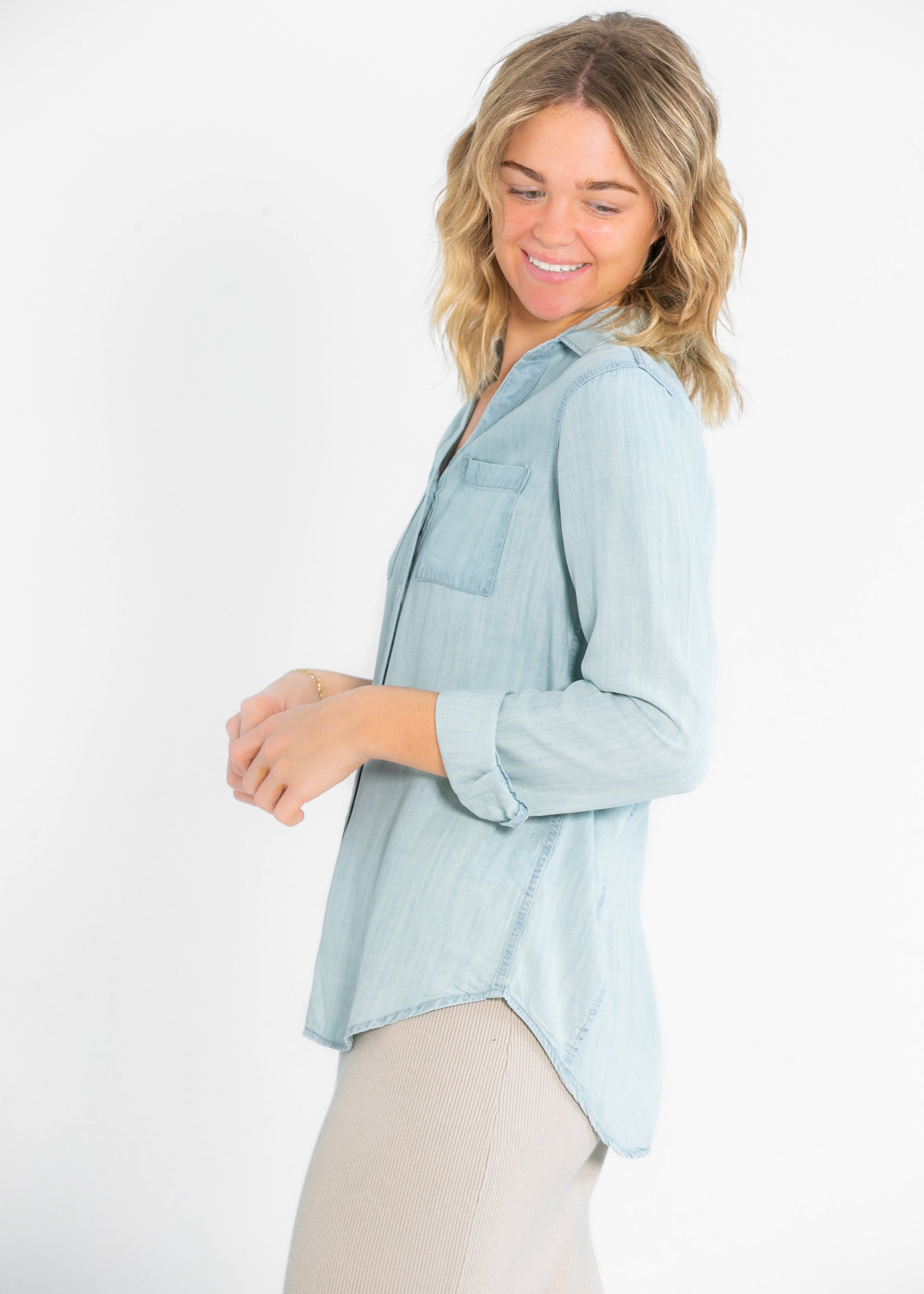 Ginger Chambray Button Up Long Sleeve Top FF Tops
