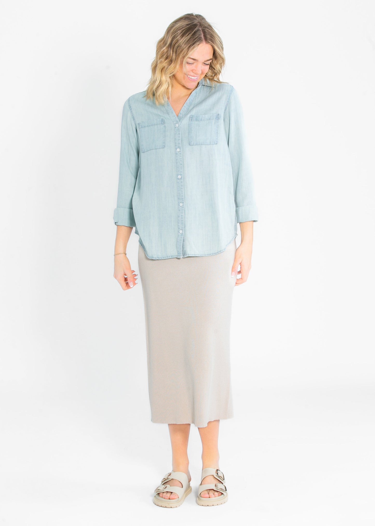 Ginger Chambray Button Up Long Sleeve Top FF Tops