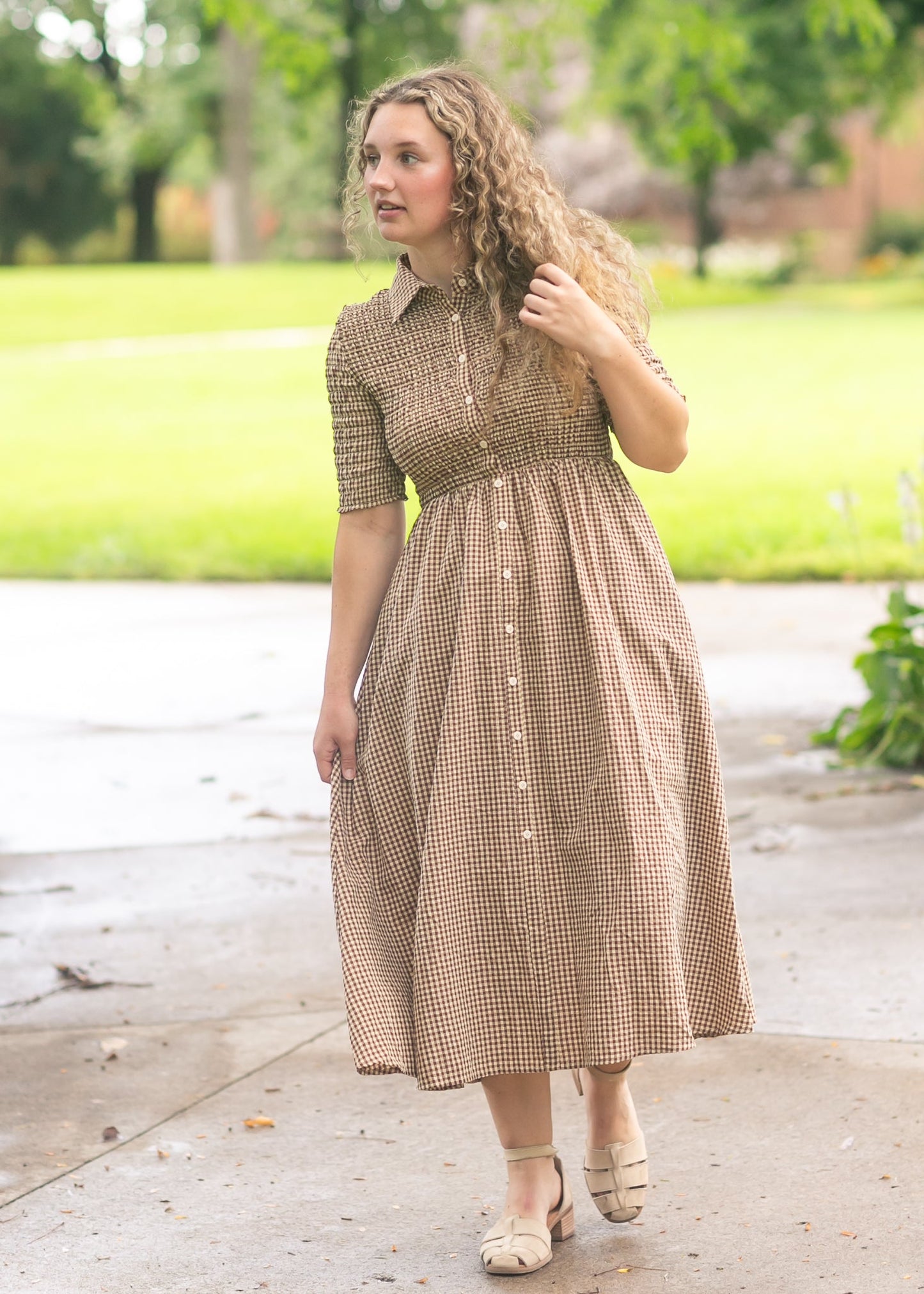 Gingham Button Up Midi Dress FF Dresses