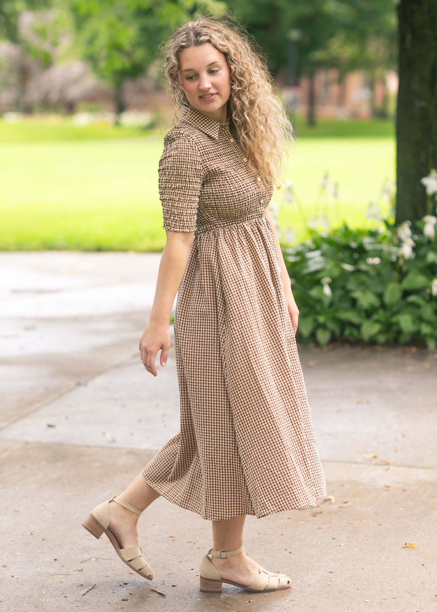 knee length dresses for ladies Gingham Button Up Midi Dress