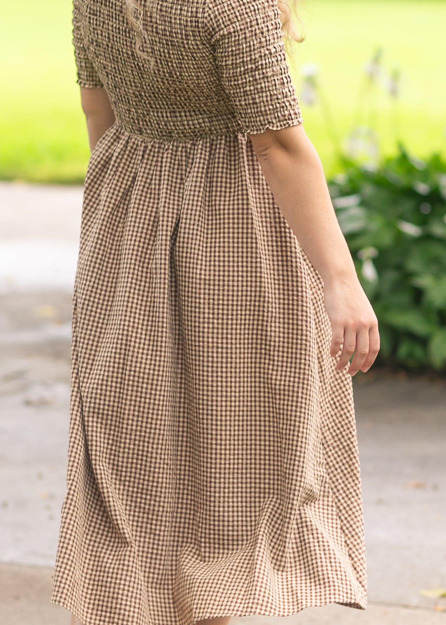gingham beige dress Opal Gingham Maxi Dress in Brown