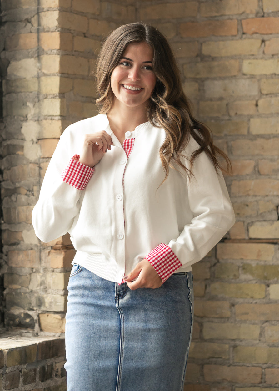 Gingham Detail Knit Sweater Cardigan FF Layering Essentials