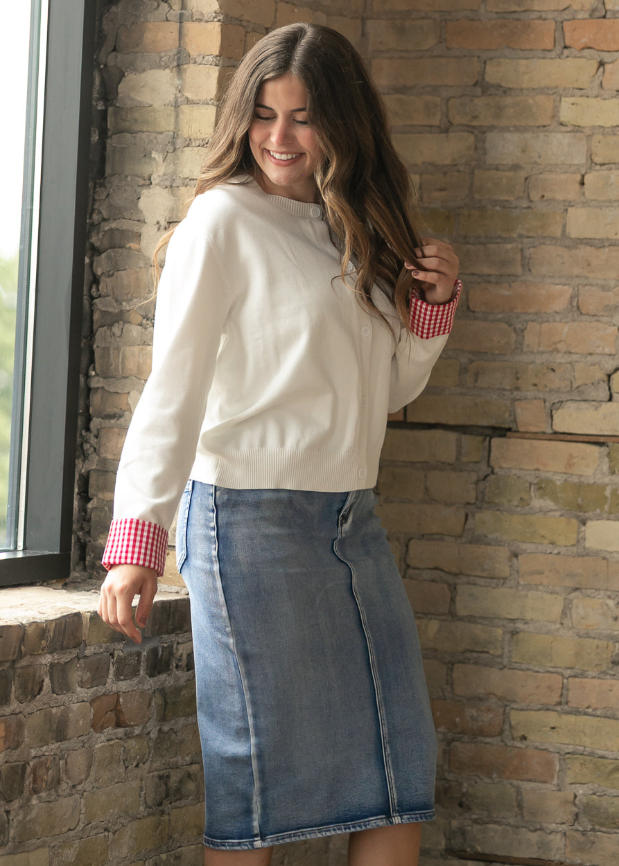 Gingham Detail Knit Sweater Cardigan FF Layering Essentials