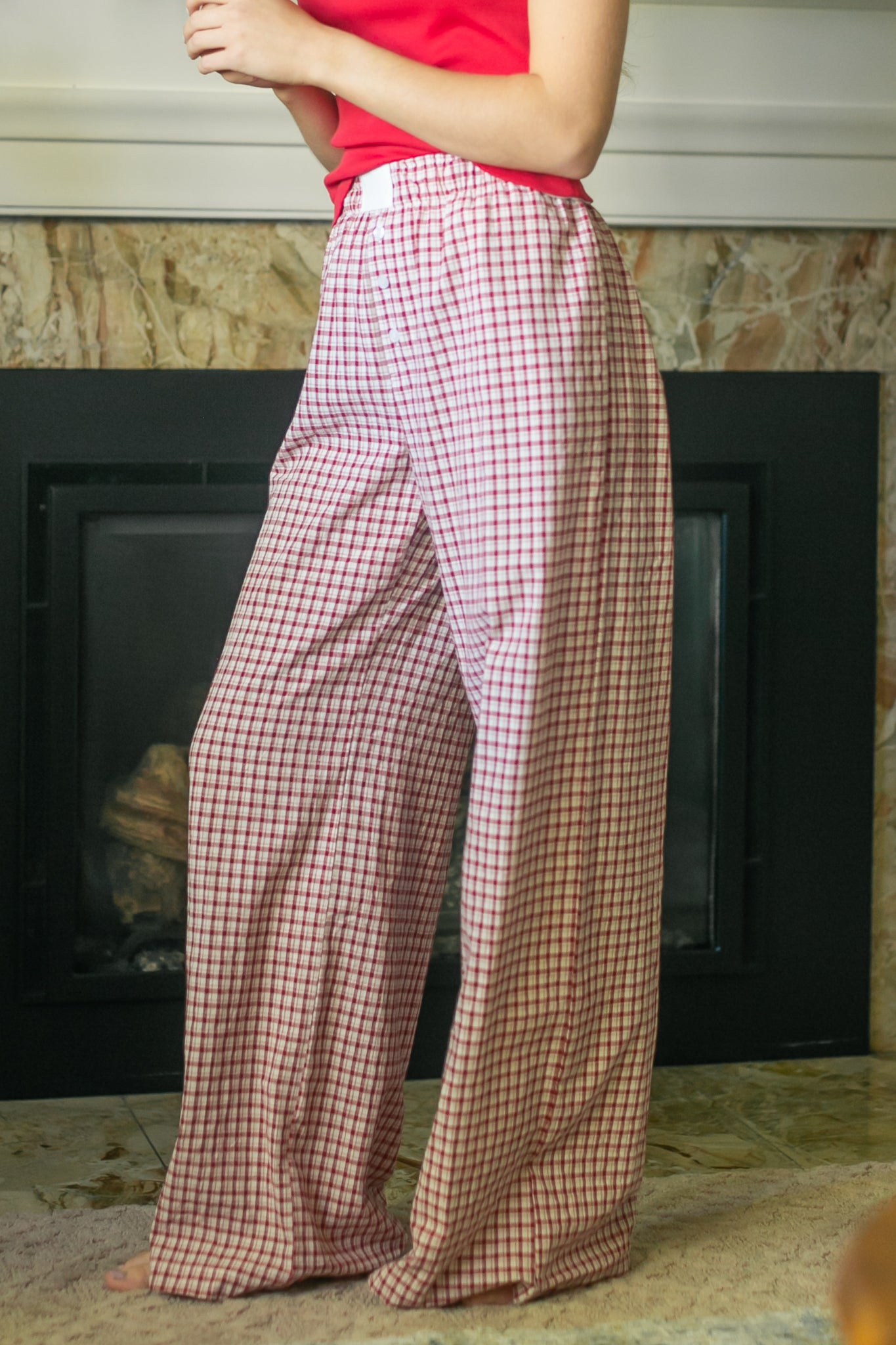 Gingham Elastic Waist Pants FF Pants